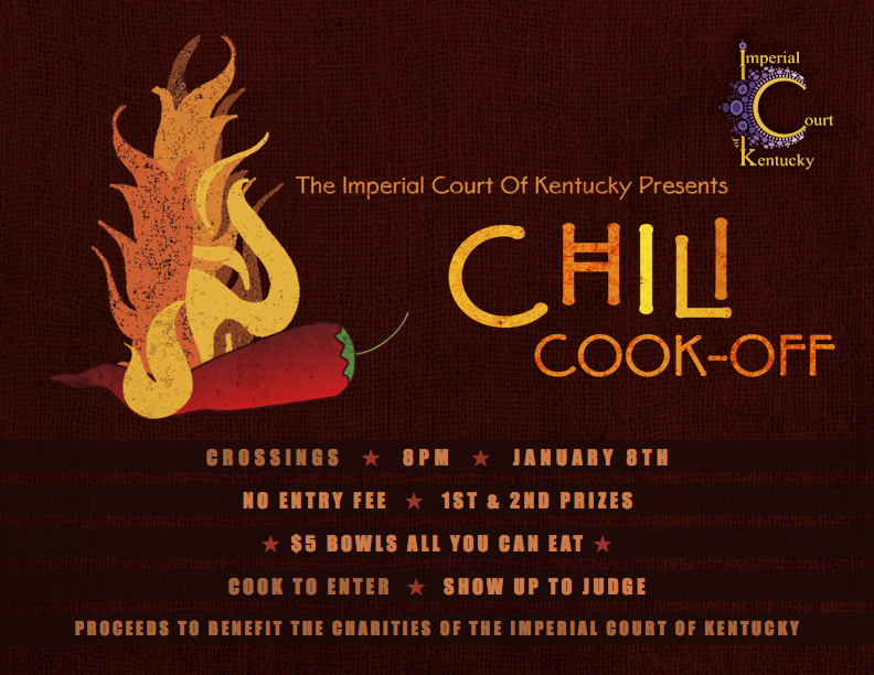 If you can bring the heat, it’s time to get in the kitchen! The Imperial Court Of Kentucky is holding a Chili Cook-Off to set the new year on fire! There is no cost to enter your secret family recipe into the contest. There’s only a $5 cost to buy a bowl to get in on the judging, so come down starting at 8PM for some flavors, fun, and fundraising! To enter, please bring your crockpot and ladle, everything else will be provided. All proceeds will support the charities of The Imperial Court Of Kentucky. Friday, January 8, 2015 Crossings Lexington Starts: 8:00 PM