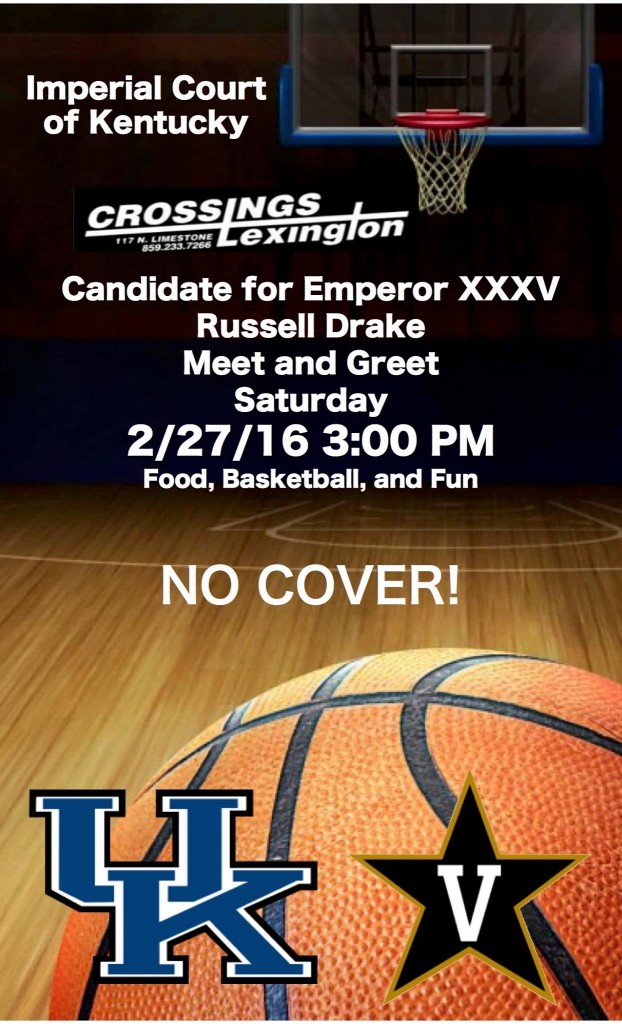Come meet and get to know your candidate for Emperor XXXV, Russell Drake, Saturday, February 27, 2016 at 3PM at Crossings Lexington and enjoy a little food, basketball, and fun!